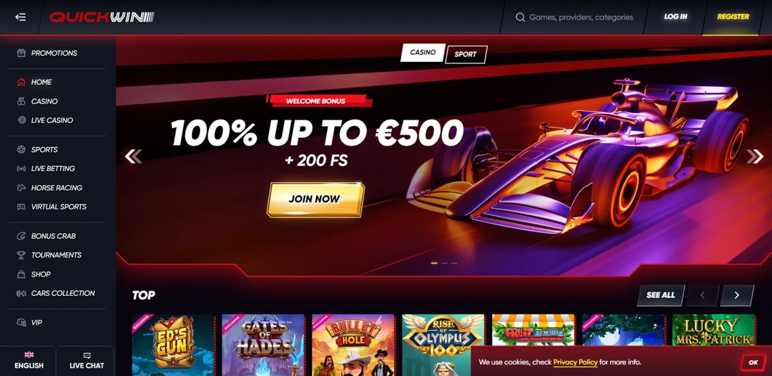 QuickWin Casino Front Page